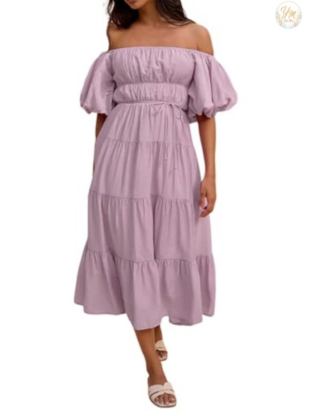 Off Shoulder Puff Sleeve A-Line Midi Dress Ruffle Tiered Backless